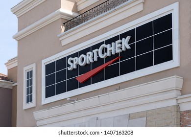 Toronto, Canada - May 9, 2019: A Sport Chek Store Sign In Toronto, Canada. Sport Chek Is The Largest Canadian Retailer Of Sporting Clothing And Sports Equipment.