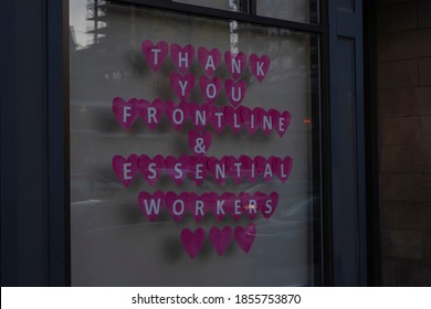 Toronto, Canada - Nov 14, 2020: Sign Thank You Frontline And Essential Workers Made Of Hearts In Store Window During Covid 19 Pandemic Outbreak Lockdown Quarantine.