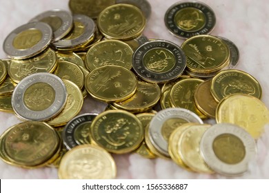 TORONTO CANADA - NOV 19, 2019: Canadian $1 Dollar Coins Or Loonie And $2 Dollar Coins Or Toonie On White Background