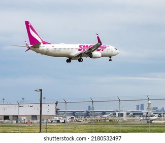 Toronto, Canada, November 12, 2020; A Canadian Low Cost Swoop Airlines Boeing 737 Approaching A Landing At Pearson International Airport YYZ