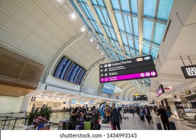 TORONTO, CANADA - NOVEMBER 14, 2018: Departures board and check in gates of Terminal 2 of Toronto Pearson Airport, the main busiest international airport of Canada and Ontario

