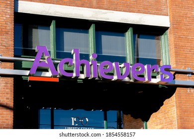 Toronto, Canada- November 14, 2020: Achievers Company Closeup Sign Is Seen In Toronto, Canada. Achievers Inc Provides Employee Rewards And Recognition Software. 