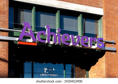 Toronto, Canada- November 14, 2020: Achievers Company Closeup Sign Is Seen In Toronto, Canada. Achievers Inc Provides Employee Rewards And Recognition Software. 