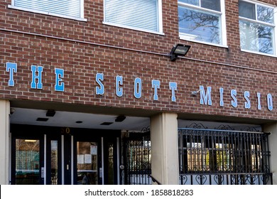 Toronto, Canada - November 20, 2020: The Scott Mission at 502 Spadina Avenue is shown in Toronto, Canada. The Scott Mission is a Christian, non-denominational urban mission. 