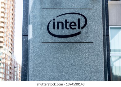Toronto, Canada - November 20, 2020: Close Up Of Intel Company Sign Outside Their Office Building On Bloor St. W In Downtown Toronto. Intel Is An American Technology Company