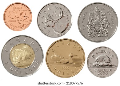 TORONTO, CANADA- NOVEMBER 21, 2007: Set of Canadian coins. 1 cent, 5cent, 25 cent, 50 cent, 1 dollar, 2 dollars.