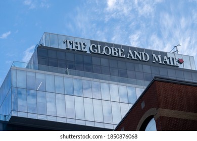 Toronto, Canada - November 9, 2020: Globe And Mail Sign On Their Headquarters Building In Toronto. The Globe And Mail Is A Canadian Newspaper Printed In Five Cities In Western And Central Canada. 