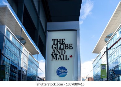 Toronto, Canada - November 9, 2020: Globe And Mail Sign At Their Headquarters In Toronto. The Globe And Mail Is A Canadian Newspaper Printed In Five Cities In Western And Central Canada. 