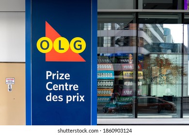 Toronto, Canada - November 9, 2020: An OLG Prize Centre Is Shown In Toronto, Canada. Ontario Lottery And Gaming Corporation Is A Crown Corporation Owned By The Government Of Ontario.