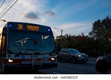 Toronto / Canada - Oct 15 2018: Uptown Toronto Public Transportation Service On Beautiful Finch Street In The Evening.