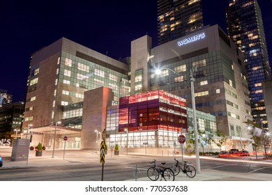 Toronto, Canada - Oct 19, 2017: The Women's College Hospital And Medical Centre In The City Of Toronto At Night. Province Of Ontario, Canada