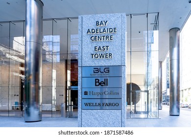 Toronto, Canada- October 13, 2020: BLG, Bell, Harper Collins, Wells Fargo Company Signs Are Seen On An Exterior Business Directory Sign At Bay Adelaide Centre East Tower In Toronto.