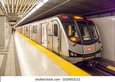 TORONTO, CANADA - OCTOBER 22, 2017: TTC subway train at Finch station. TTC operated by the Toronto Transit Commission.