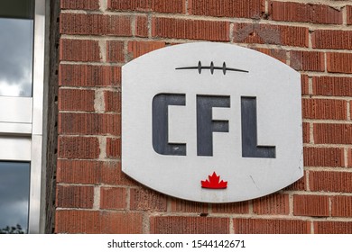 Toronto, Canada - October 24, 2019: Sign Of CFL At Its Head Office In Downtown Toronto. The Canadian Football League Is A Professional Sports League In Canada.