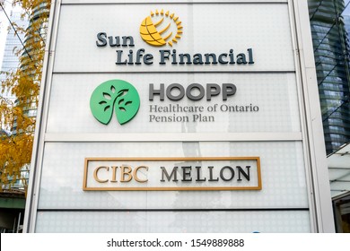 Toronto, Canada- October 29, 2019: Sign Of Healthcare Of Ontario Pension Plan - HOOPP In Toronto. HOOPP Is One Of Canada’s Largest Defined Benefit Pension Plans Providing Retirement Security. 