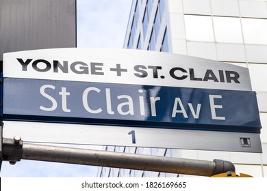 Toronto, Canada, October 3, 2020; The More Elaborate Than Standard Street Sign Celebrating The Main Intersection Of  The Yonge And St. Clair Business District In Uptown Toronto