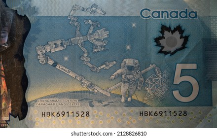 Toronto, Canada - October 30. 2021: Five Canadian Dollar Banknote With International Space Station Printed On The Back. Beautiful Modern Money Design In Canada