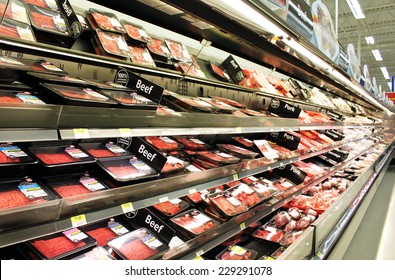 TORONTO, CANADA - OCTOBER 31, 2014: Meat And Poultry Products In A Supermarket. Meat Industry Is The Largest Sector Of The North America Food Manufacturing Industry.