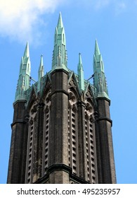 Toronto, Canada - October 4, 2016: Top Part Of Tower Of The Metropolitan United Church In Downtown.