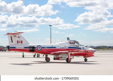 Toronto Canada, September 1, 2016; a Canadian Air Force Snowbird airplane parked on the runway at Toronto International Airport YYZ