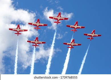 Toronto Canada, September 1, 2016; the Canadian Air Force Snowbirds jets flying in formation over Toronto