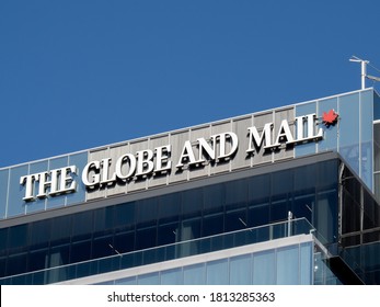 Toronto Canada, September 11, 2020; The Globe And Mail Newspaper Name And Logo At The Top Of The New Head Office Building On Front Street In Toronto