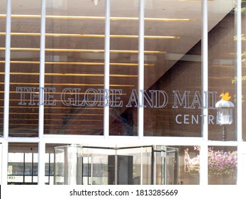 Toronto Canada, September 11, 2020; The Globe And Mail Newspaper Name And Logo Over The Entrance Doors To The New Head Office Building On Front Street In Toronto