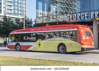 Toronto Canada, September 11, 2020; A Toronto Transit Commission Proterra Electric Bus At A Bus Stop On Queens Quay By The Waterfront In Summer.