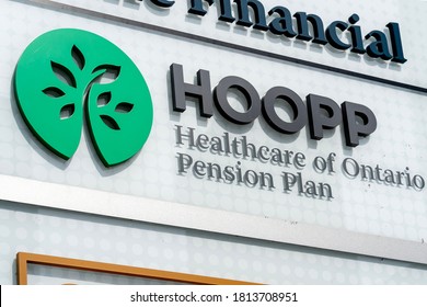 Toronto, Canada - September 12, 2020: Close Up Sign Of HOOPP In Toronto. Healthcare Of Ontario Pension Plan Is One Of Canada’s Largest Defined Benefit Pension Plans Providing Retirement Security.