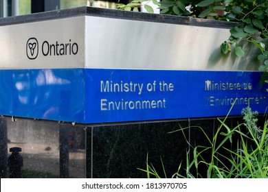 Toronto, Canada - September 12, 2020: Close up sign of Ontario Ministry of the Environment in Toronto, a government ministry responsible for protecting and improving the quality of the environment.  
