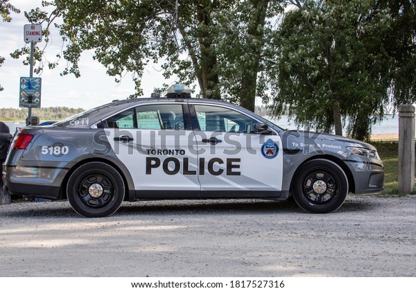 Toronto Canada, September 18, 2020; A Toronto\
black and white police cruiser at Cherry Beach for party control in\
Toronto.