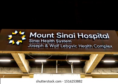 Toronto, Canada - September 25, 2019: Night View Of The Sign Of Mount Sinai Hospital On The Building In Toronto.