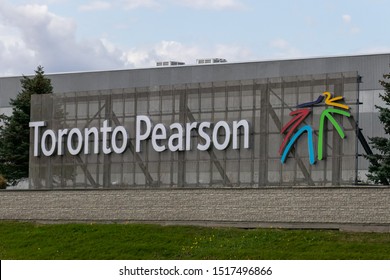 TORONTO, CANADA - September 26, 2019: Toronto Pearson logo on a billboard alongside Highway 401.