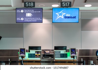 TORONTO, CANADA - September 26, 2019: Empty Air Transat Check-in Desk At Toronto Pearson International Airport. 