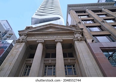 Toronto, Canada - September 26, 2021:  To Preserve Heritage Architecture, This Modern Apartment Building Incorporates An Old Bank Building, Using It As Its Entrance Lobby.