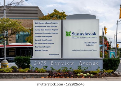 Toronto, Canada - September 29, 2020: Sunnybrook Hospital Sign Is Seen At Entrance In Toronto Canada On September 29, 2020.  Sunnybrook Is An Academic Health Sciences Centre Located In Toronto.