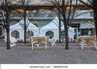 Toronto, Canada - Small Restaurant Seasonal Dining Tents On Patio Shut Down Due To Covid 19 Second Wave Pandemic Outbreak Quarantine.