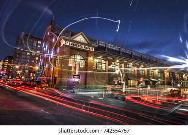 Toronto, Canada. View Of St. Lawrence Market At Night With Traffic Light Trails In Toronto On February 3, 2017. 