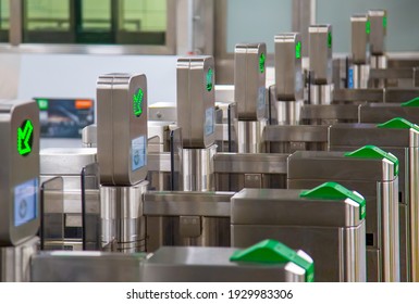 Toronto, Canada-10 November 2020: Toronto TTC Metrolinx Presto machines at a busy Bloor and Yonge station. A contactless smart card is used to gain access to public transportation.