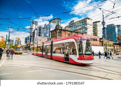 Toronto, Canada-Oct 24, 2019: New Bombardier-made TTC streetcars on the King street in Toronto. Canada.