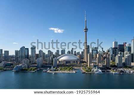 Toronto city center aerial view from the Ontario Lake