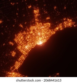 Toronto City Lights Map, Top View From Space. Aerial View On Night Street Lights. Global Networking, Cyberspace. High Resolution