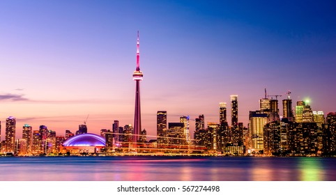 Toronto City Skyline And Buildings At Night, Ontario, Canada