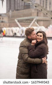 Toronto City With Young Couple Winter Pictures In Downtown White  European Male And Female Walking And Having Fun