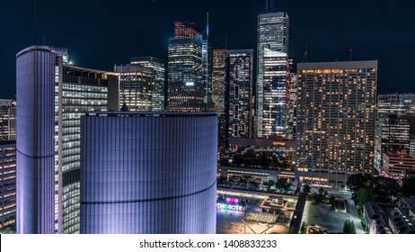 Toronto Financial District City Skyline Skyscrapers With Modern And Historic Building Construction And Development Views At Night
