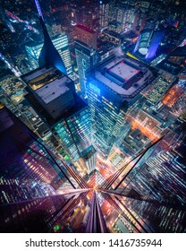 Toronto Financial District City Skyline Skyscrapers Rooftop Lookdown With Modern And Historic Building Construction And Development Views At Night