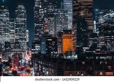 Toronto Financial District City Skyline Skyscrapers With Modern And Historic Building Construction And Development Views At Night