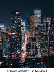 Toronto Financial District City Skyline Skyscrapers With Modern And Historic Building Construction And Development Views At Night