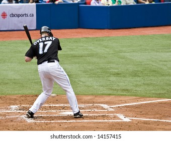 TORONTO - JUNE 14:  Lyle Overbay #17 Looks At A Called Strike The Chicago Cubs Vs. Toronto Blue Jays Game At The Rogers Centre June 14, 2008 In Toronto, Ontario.  Chicago Won 6-2.