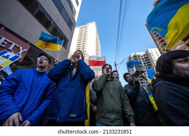 TORONTO - MARCH 6: People Shout During A Rally In Support Of Ukraine Outside Of The Russian Consulate. Demonstrations Have Been Organised Globally Following Russia’s Attacks Against Ukraine.